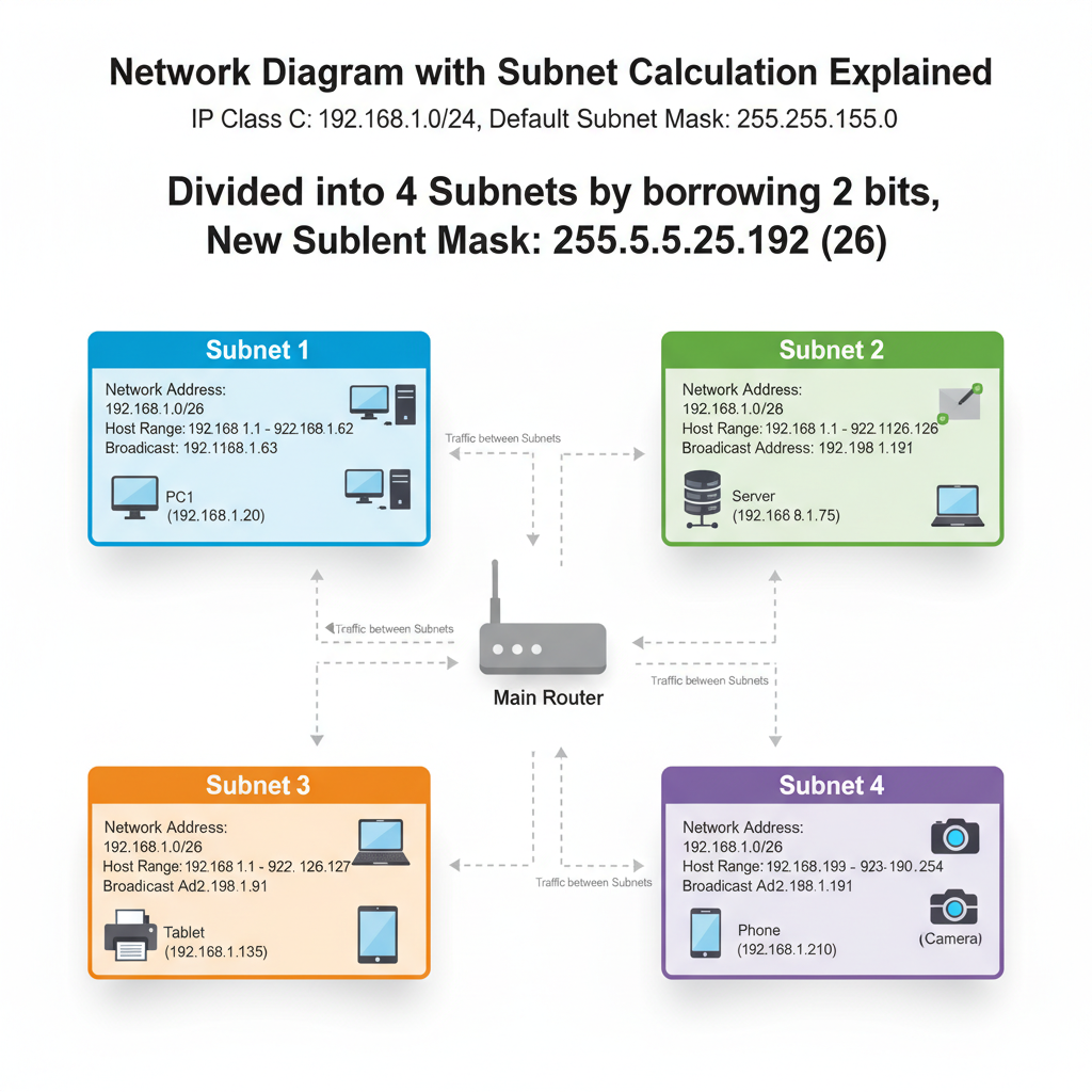 Visual representation of IP subnetting a Class C network into four /26 subnets for efficient resource allocation.